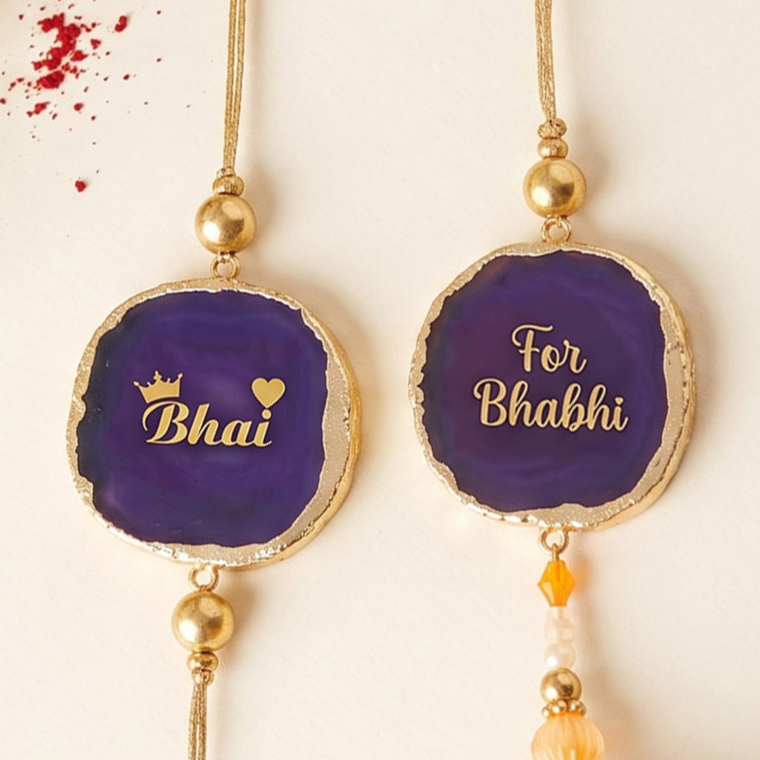 Handmade "Bhai Bhabhi" Purple Premium Agate Couple Rakhi And Lumba Set With Roli Chawal, Nariyal And Gift Box | Set of 2