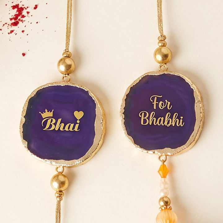 Handmade "Bhai Bhabhi" Purple Premium Agate Couple Rakhi And Lumba Set With Roli Chawal, Nariyal And Gift Box | Set of 2