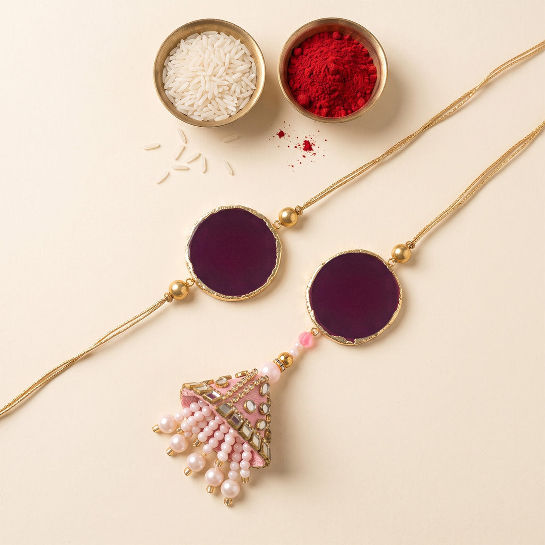 Handmade Pink Premium Agate Bhaiya Bhabhi Couple Rakhi And Lumba Set With Roli Chawal, Nariyal And Gift Box | Set of 2