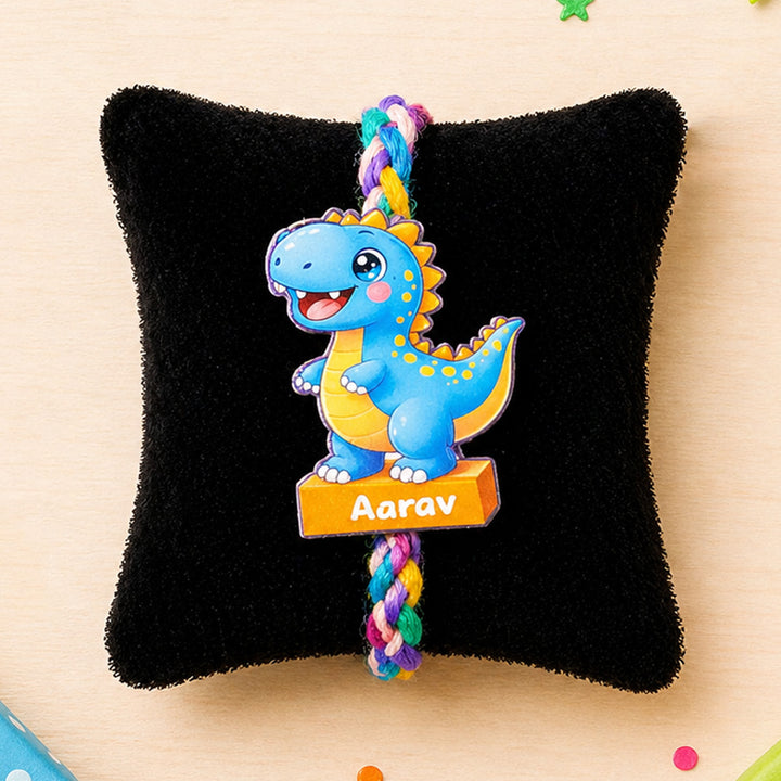Personalized Reusable Blue Dino MDF Wood Rakhi With Roli Chawal