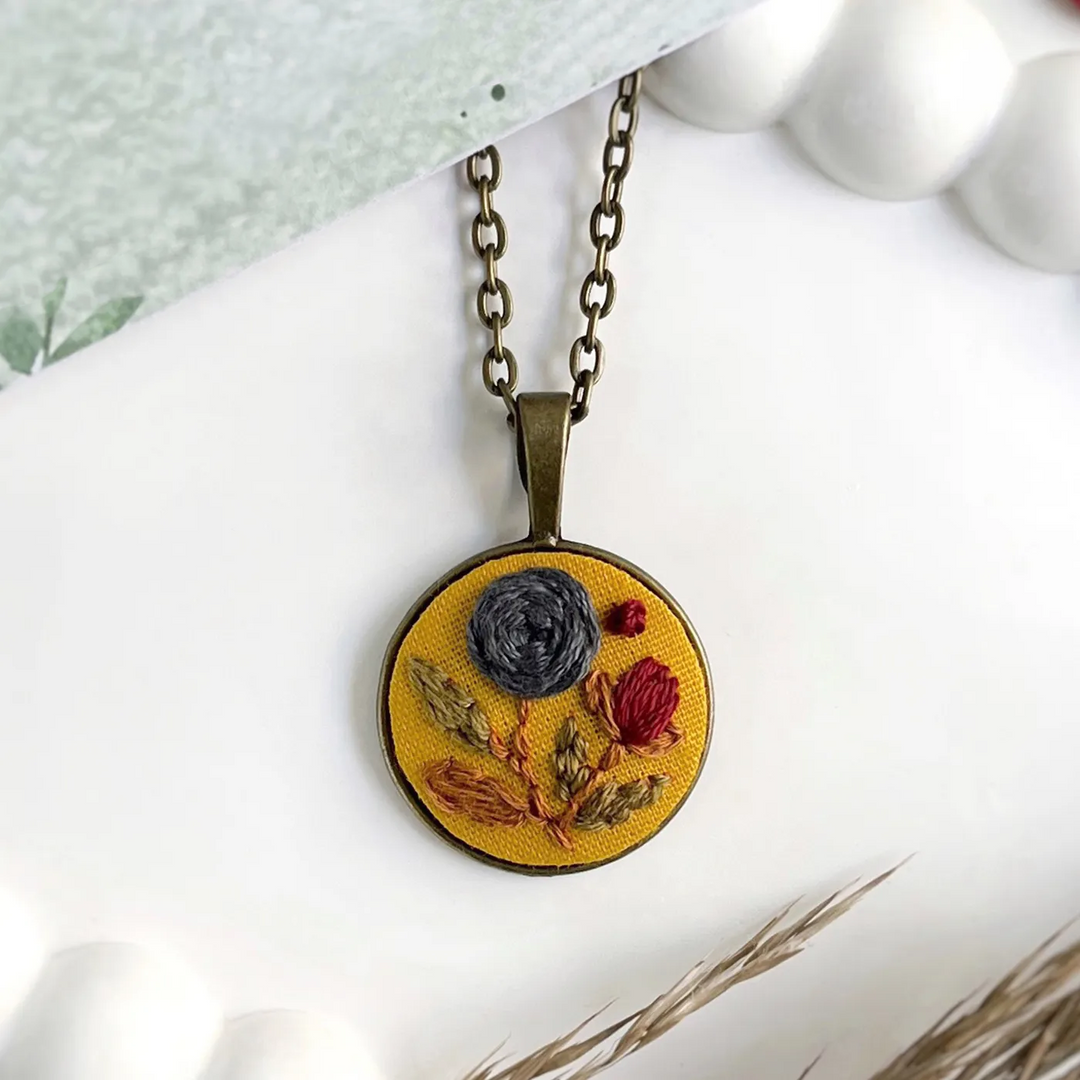 Hand Embroidered Mustard Meadow Antique Finish Necklace
