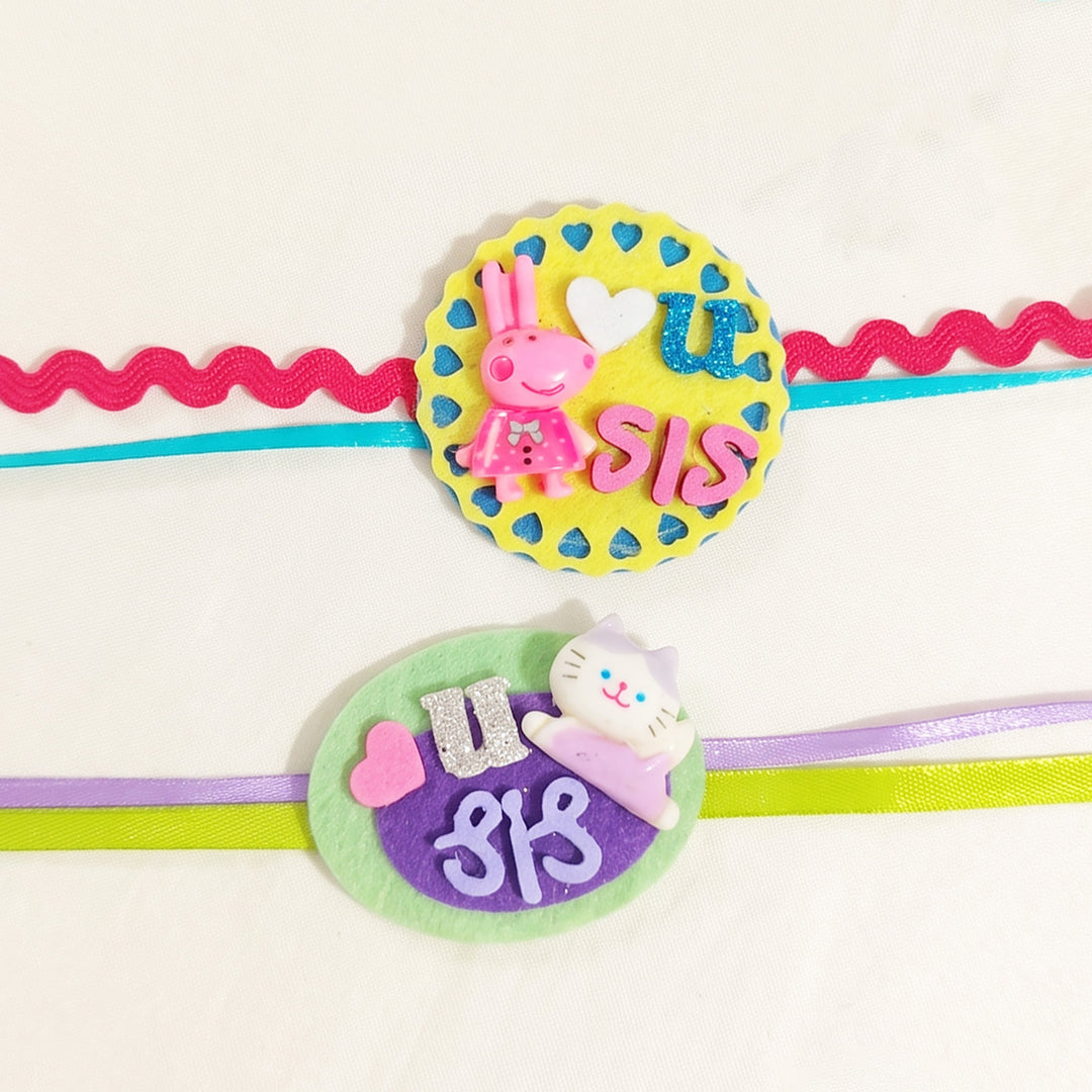 Handmade "Love U Sis" Peppa Pig & Cat Felt Kids Rakhi Combo With Roli Chawal For Sisters | Set Of 2