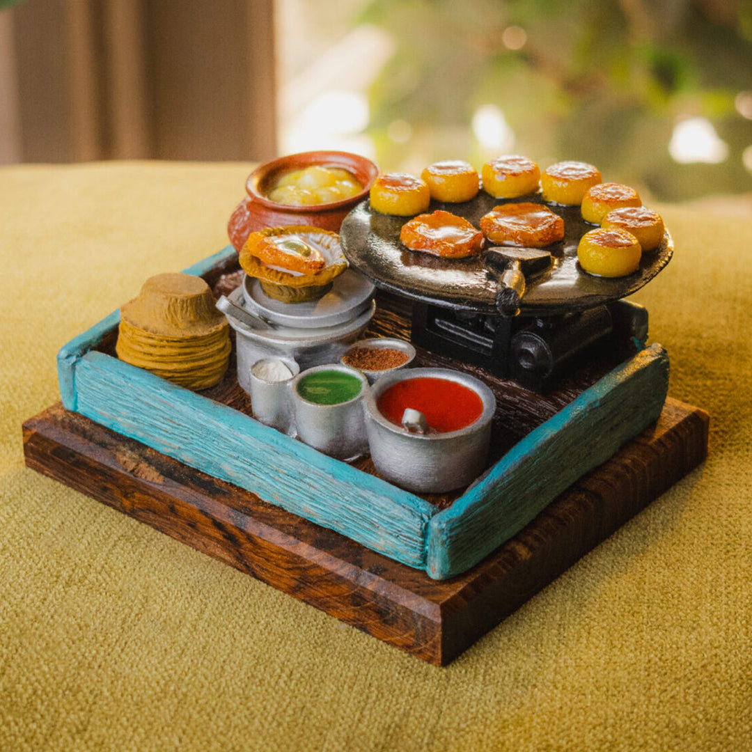 "Tikki Ka Thela" Handcrafted Polymer Clay Miniature Artwork With Wooden Base For Golu & Table Decor