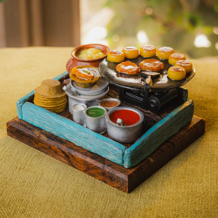 "Tikki Ka Thela" Handcrafted Polymer Clay Miniature Artwork With Wooden Base For Golu & Table Decor