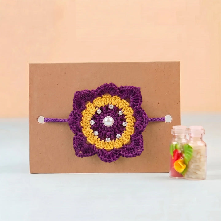 Handmade Crochet Royal Bloom Floral Rakhi With Roli Chawal For Bhaiya
