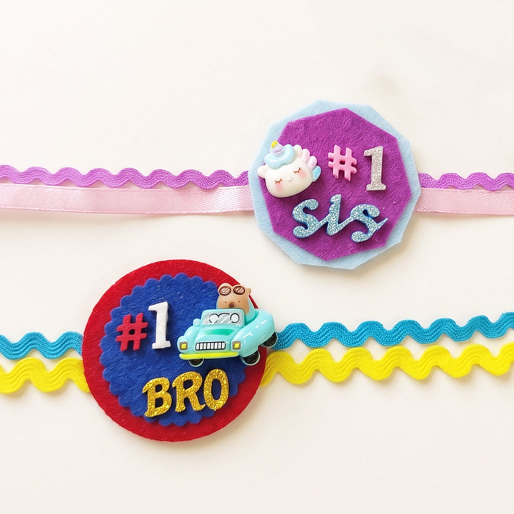 Handmade "No.1 Sis" Unicorn & "No.1 Bro" Car Felt Kids Rakhi Combo With Roli Chawal For Brother & Sister | Set Of 2