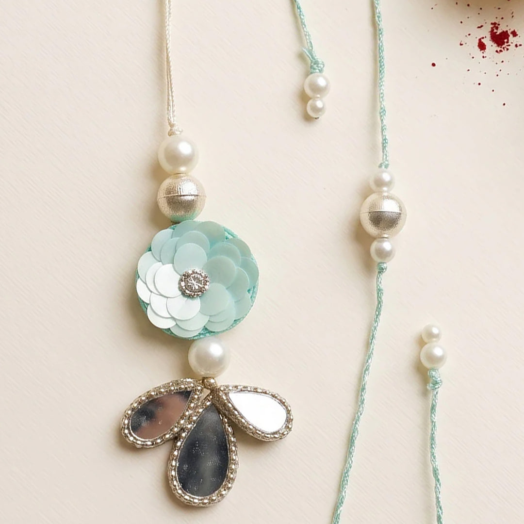 Handmade Darpan Phool Design Pearl Couple Rakhi Lumba Set With Roli Chawal For Bhaiya Bhabhi