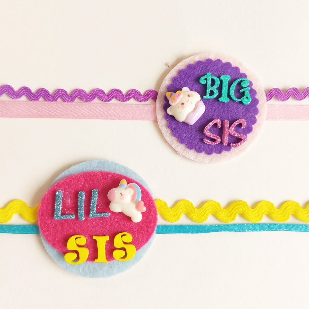 Handmade "Big Sis" Unicorn & "Lil Sis" Unicorn Felt Kids Rakhi Combo With Roli Chawal For Sisters | Set Of 2