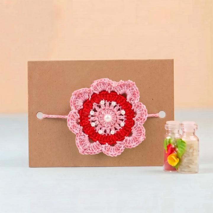 Handmade Crochet Royal Bloom Floral Rakhi With Roli Chawal For Bhaiya