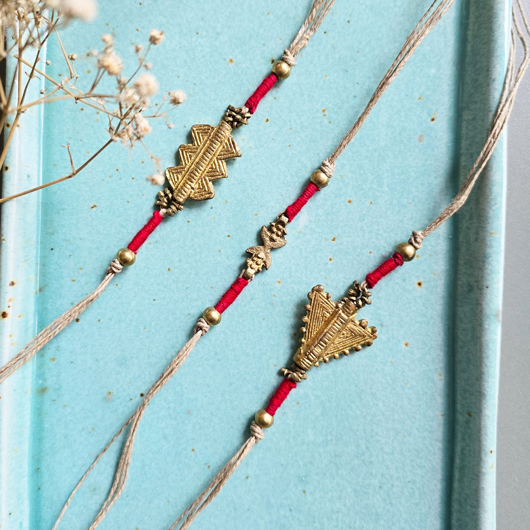 Handcrafted Patwa Work Brass Motif Rakhi With Roli Chawal For Brother | Set of 3