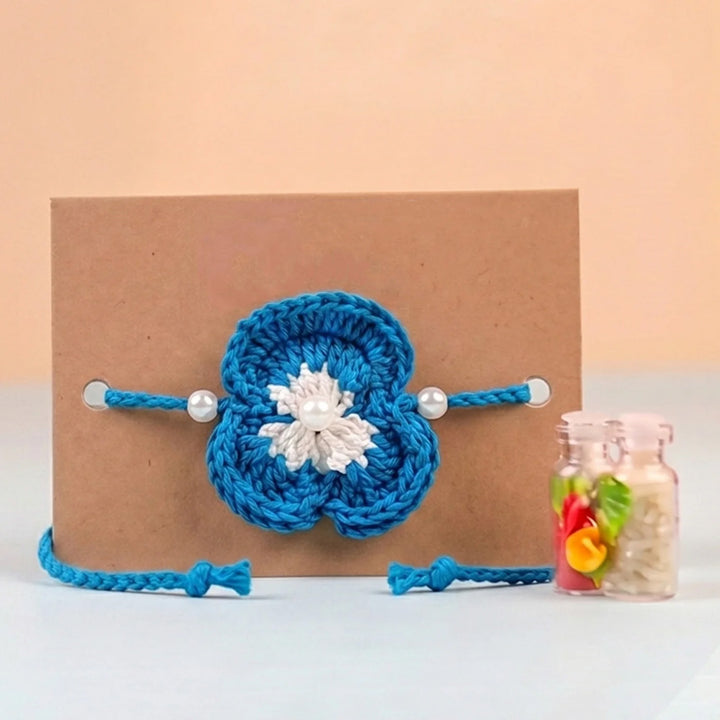 Handmade Crochet Pansy Bloom Floral Rakhi With Roli Chawal For Bhaiya