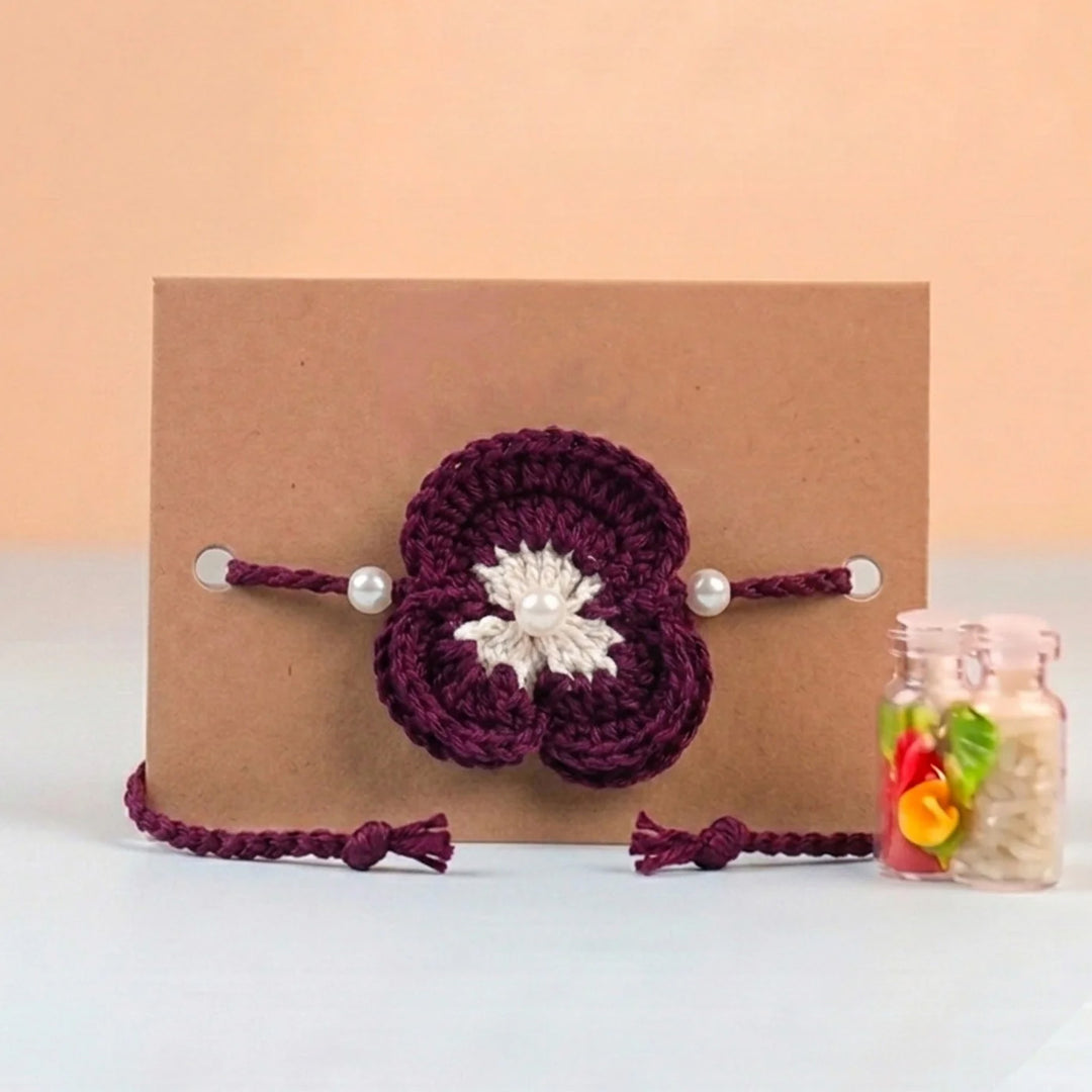 Handmade Crochet Pansy Bloom Floral Rakhi With Roli Chawal For Bhaiya