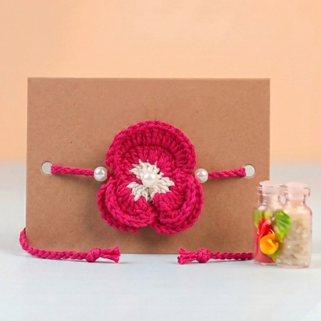 Handmade Crochet Pansy Bloom Floral Rakhi With Roli Chawal For Bhaiya
