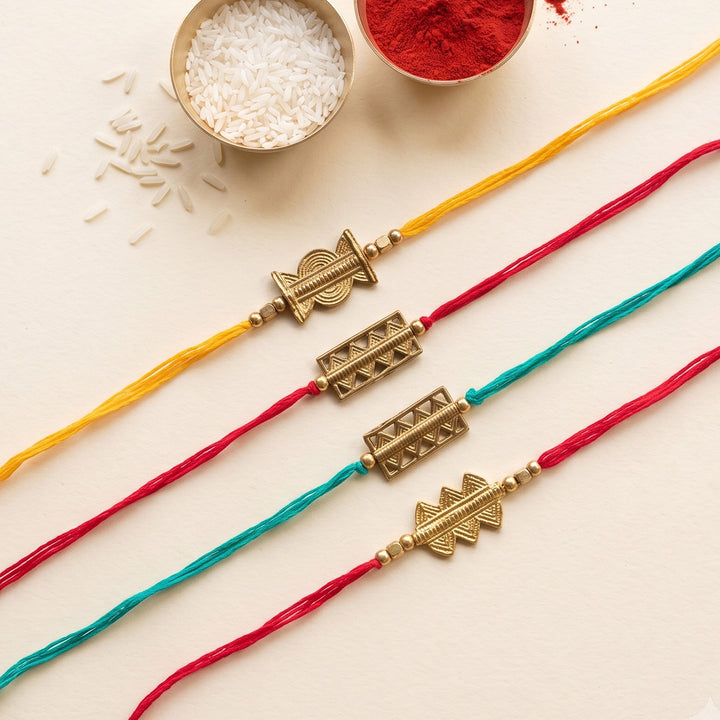 Beaded Keepsake Brass Rakhi With Roli Chawal For Brother | Set of 4