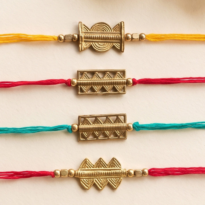 Beaded Keepsake Brass Rakhi With Roli Chawal For Brother | Set of 4