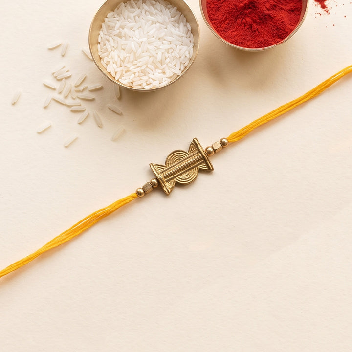 Beaded Keepsake Brass Rakhi With Roli Chawal For Brother