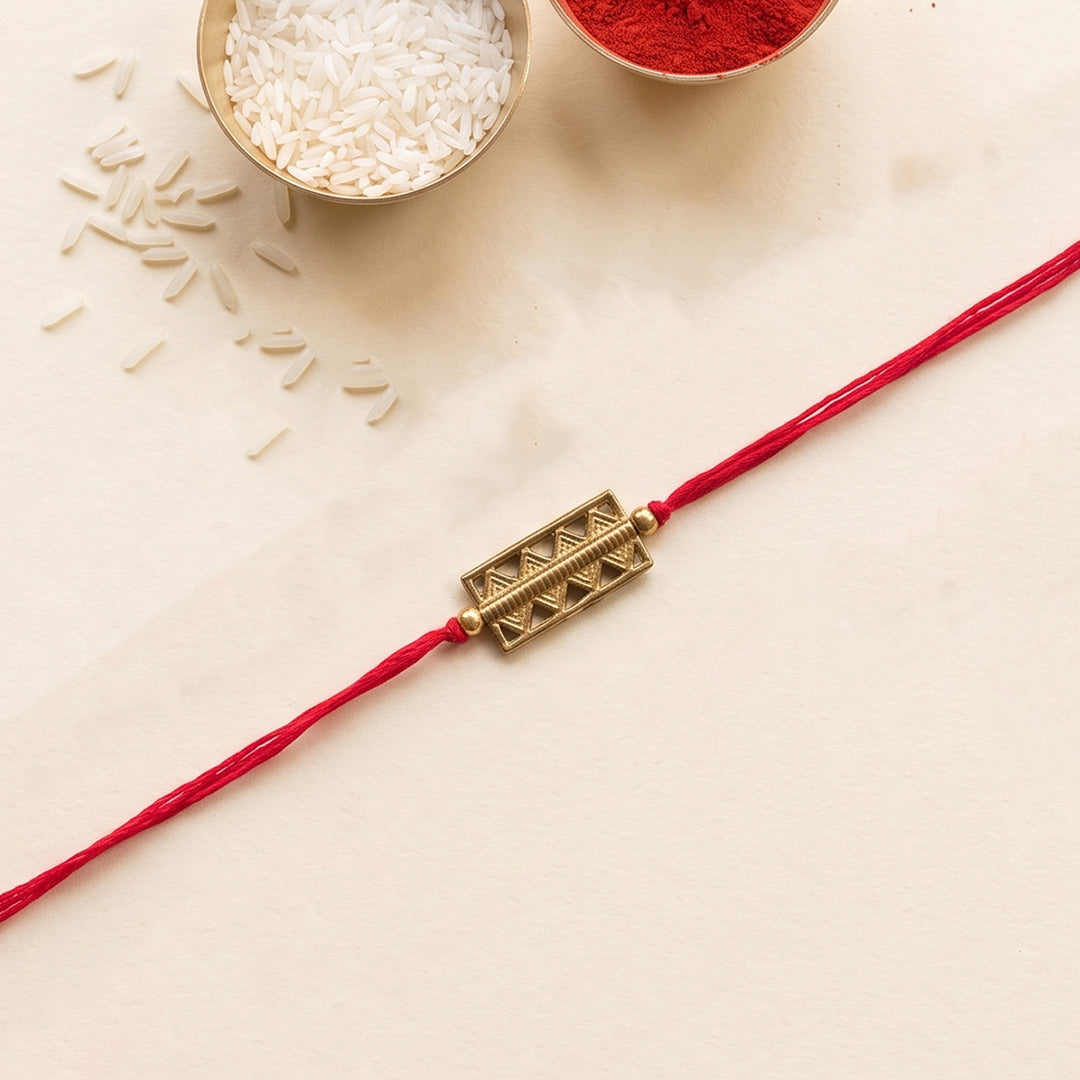 Beaded Keepsake Brass Rakhi With Roli Chawal For Brother