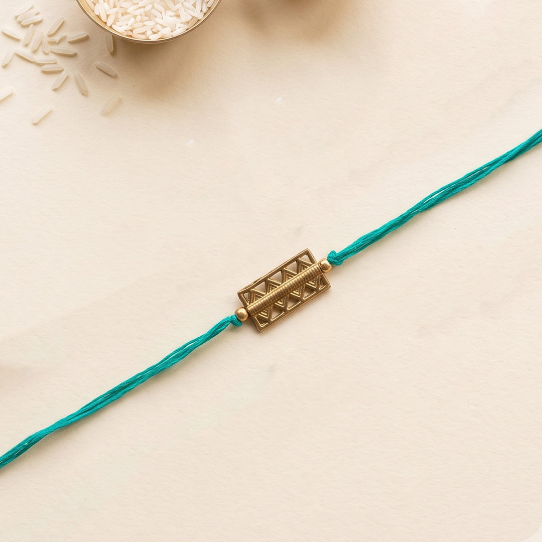 Beaded Keepsake Brass Rakhi With Roli Chawal For Brother