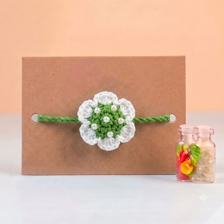 Handmade Crochet Floral Theme Rakhi With Roli Chawal for Bhaiya