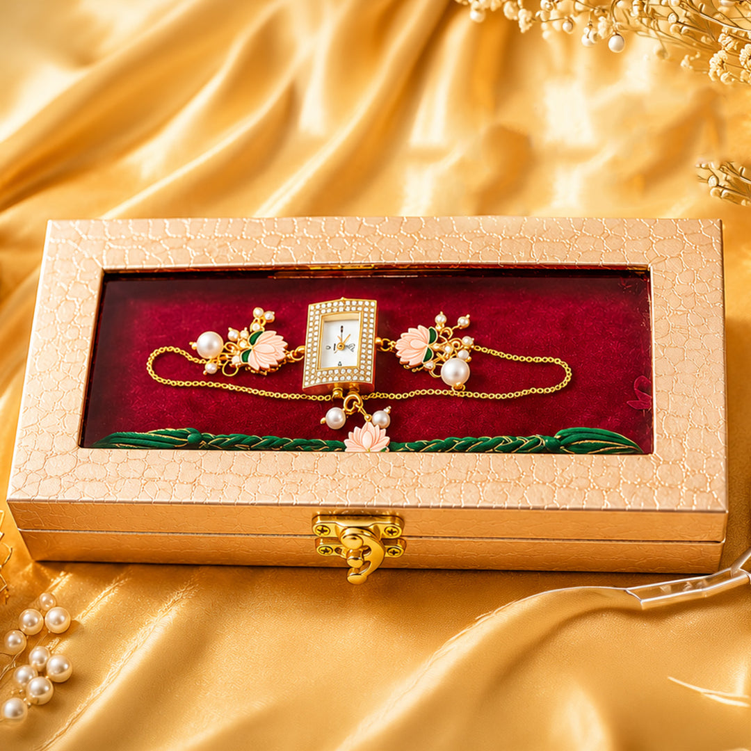 Handmade Kundan & Pearl Lotus Royale Rakhi & Bhabhi Watch Cuff Combo For Bhaiya Bhabhi | Set of 2