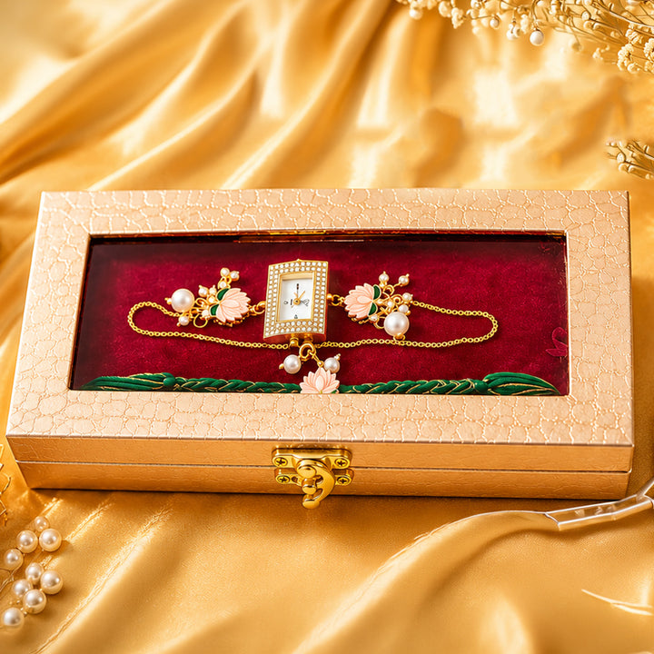 Handmade Kundan & Pearl Lotus Royale Rakhi & Bhabhi Watch Cuff Combo For Bhaiya Bhabhi | Set of 2