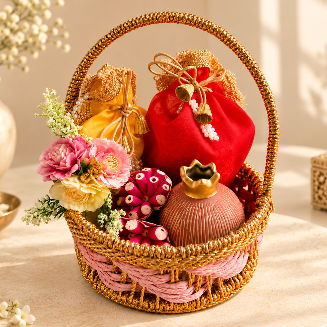 Rangoli Pink Basket Diwali Gift Hamper With 2 Shubh Labh Potlis And Almonds For Festive Gifting
