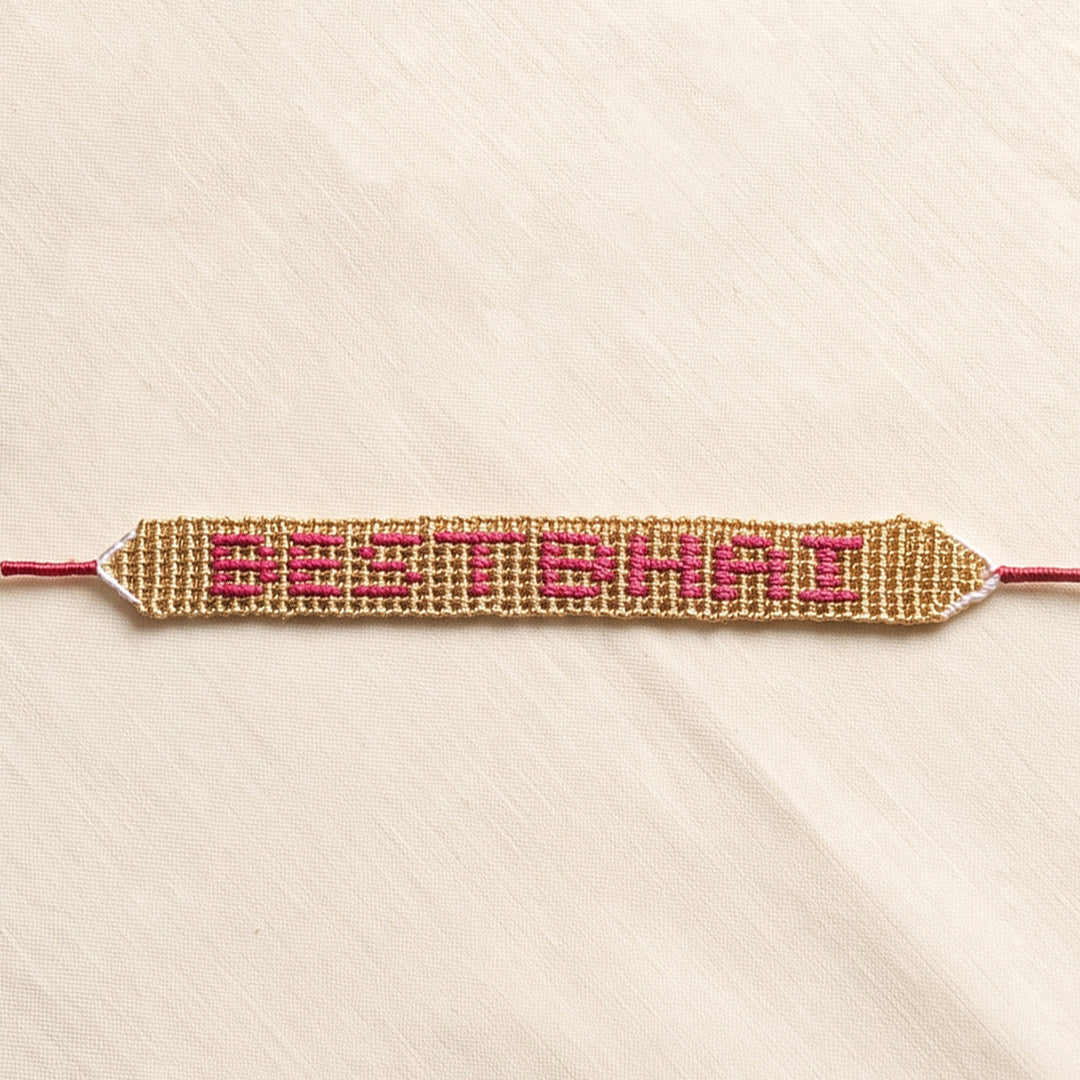 Personalized Hand Beaded Golden & Maroon Bracelet Rakhi With Roli Chawal For Brother