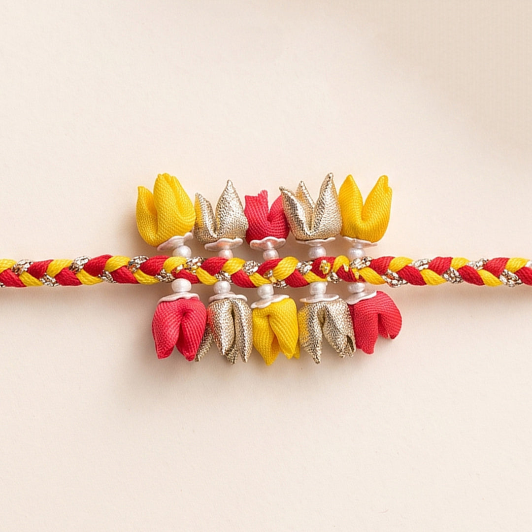 Handcrafted Dual-Tier Tulip Bud & Pearl Silk Rakhi For Brother With Roli Chawal