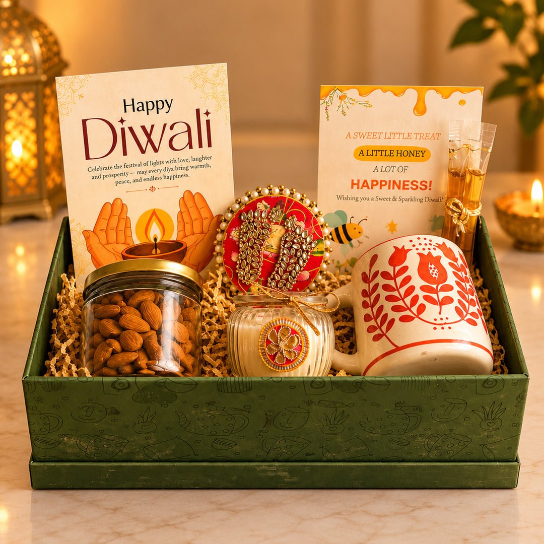 Green Harvest Celebration Diwali Gift Hamper With Mug, Almonds And Candle For Festive Gifting