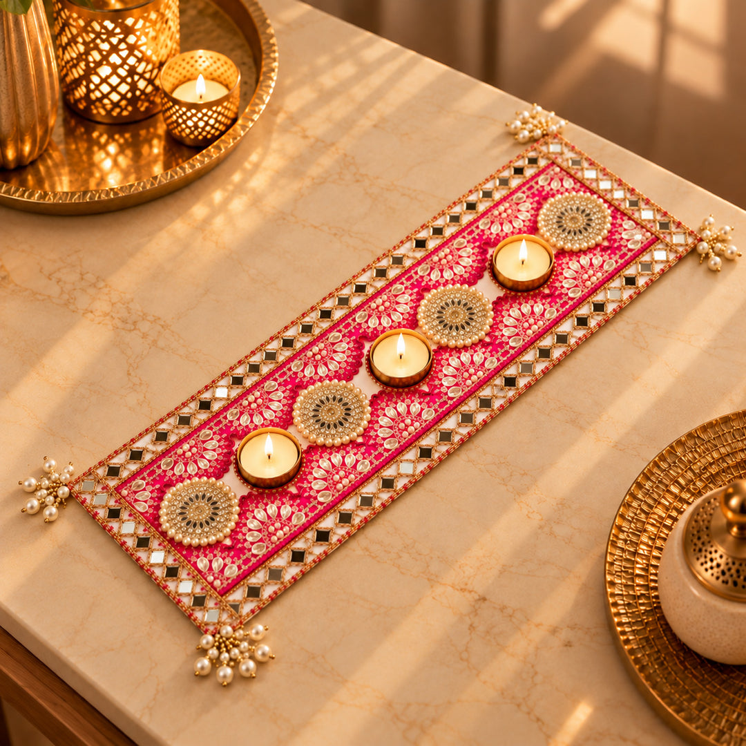 Hand Embellished Royal Rani Glow Mirror Work Felt Table Mat With 3 Tealight Holders For Diwali Decor