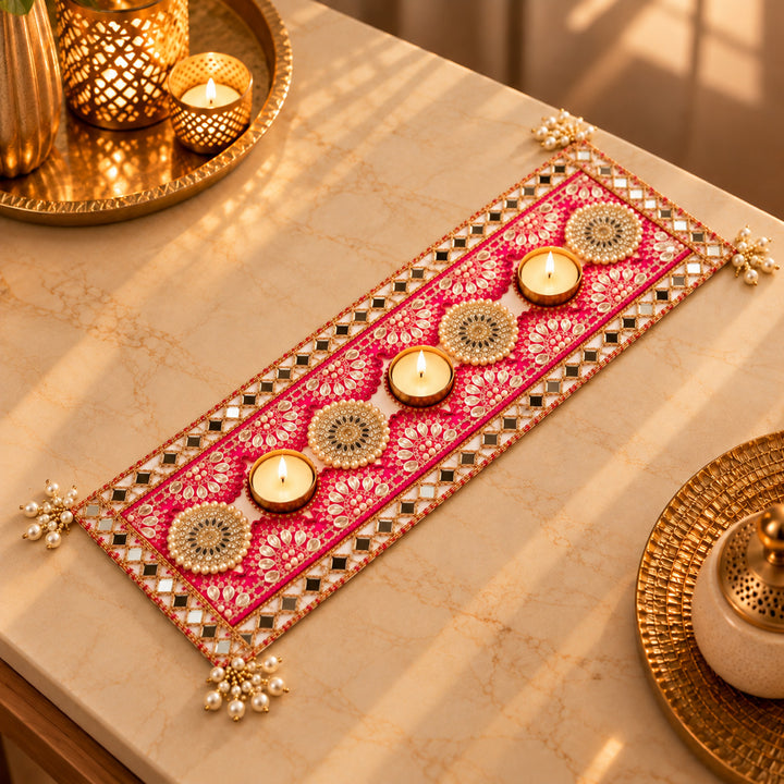Hand Embellished Royal Rani Glow Mirror Work Felt Table Mat With 3 Tealight Holders For Diwali Decor