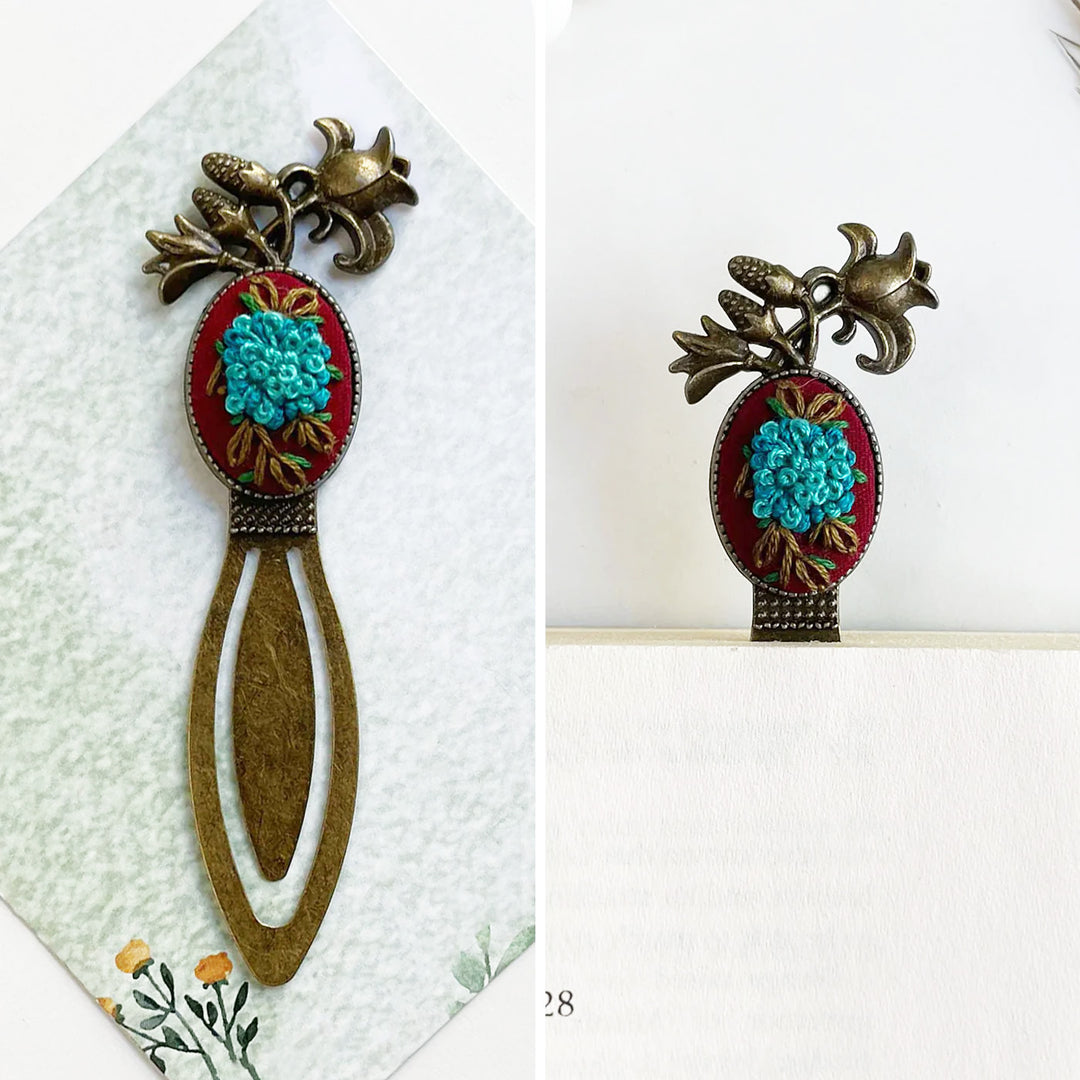 Hand Embroidered Tales In Teal Bronze Bookmark