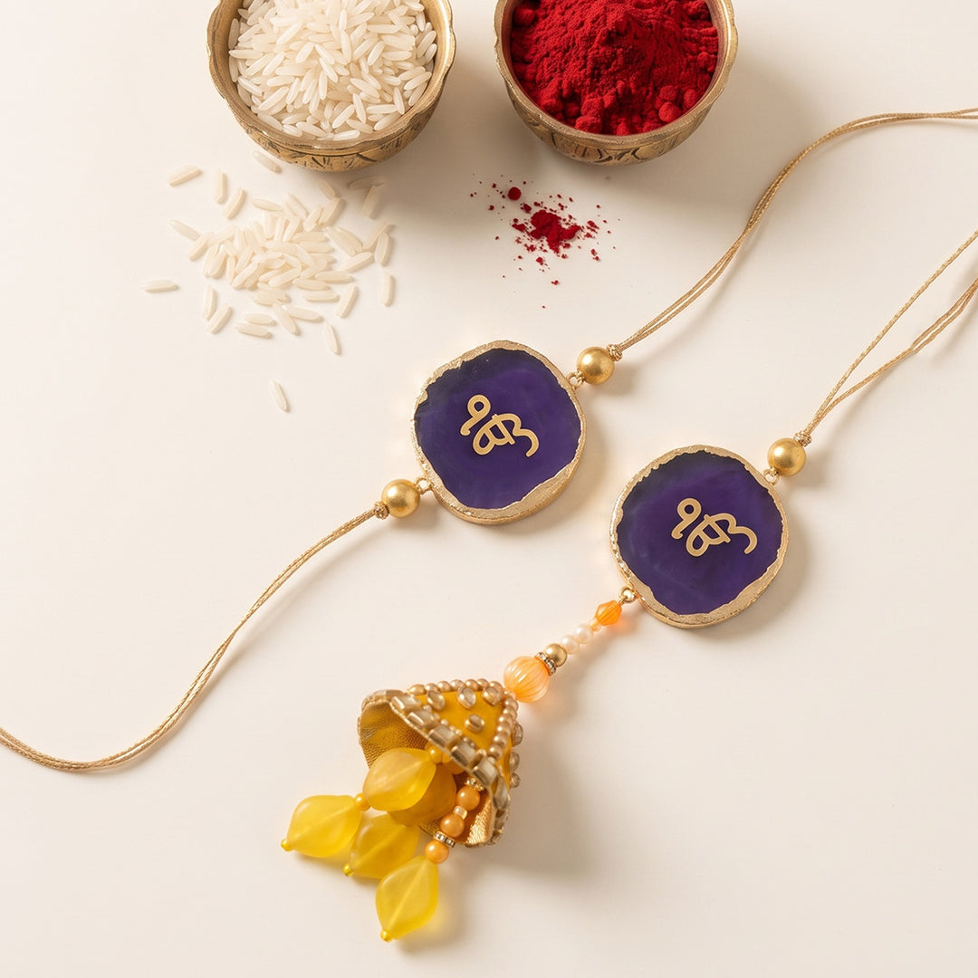 Handmade "Ik Onkar" Purple Premium Agate Bhaiya Bhabhi Couple Rakhi And Lumba Set With Roli Chawal, Nariyal And Gift Box | Set of 2