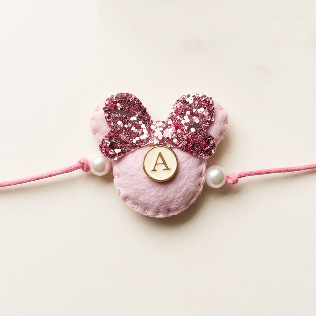 Reusable Handmade Personalised Minnie Mouse Charm Felt & Thread Rakhi With Roli Chawal For Girls