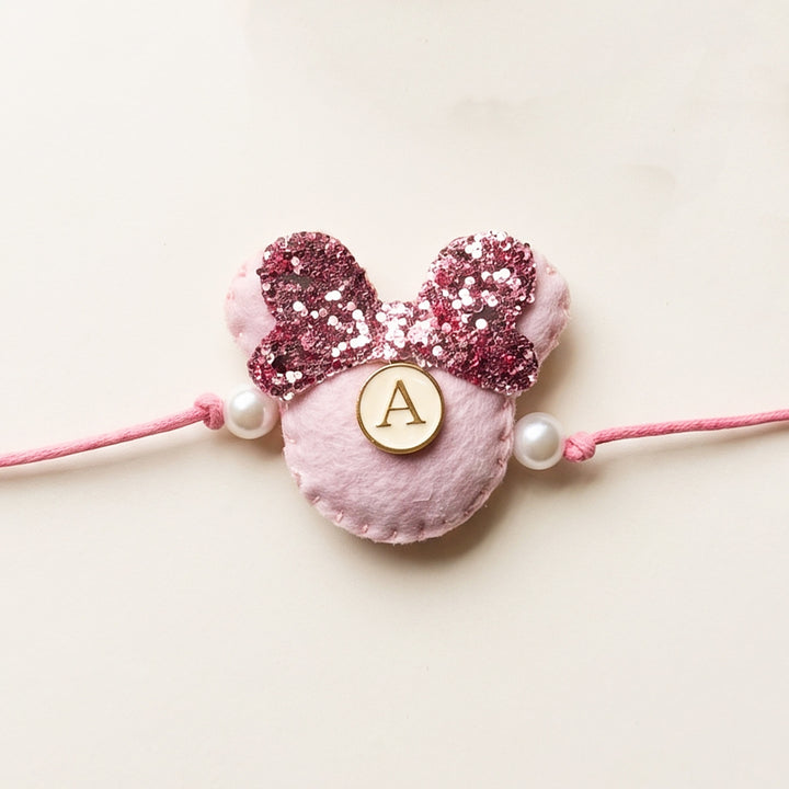 Reusable Handmade Personalised Minnie Mouse Charm Felt & Thread Rakhi With Roli Chawal For Girls