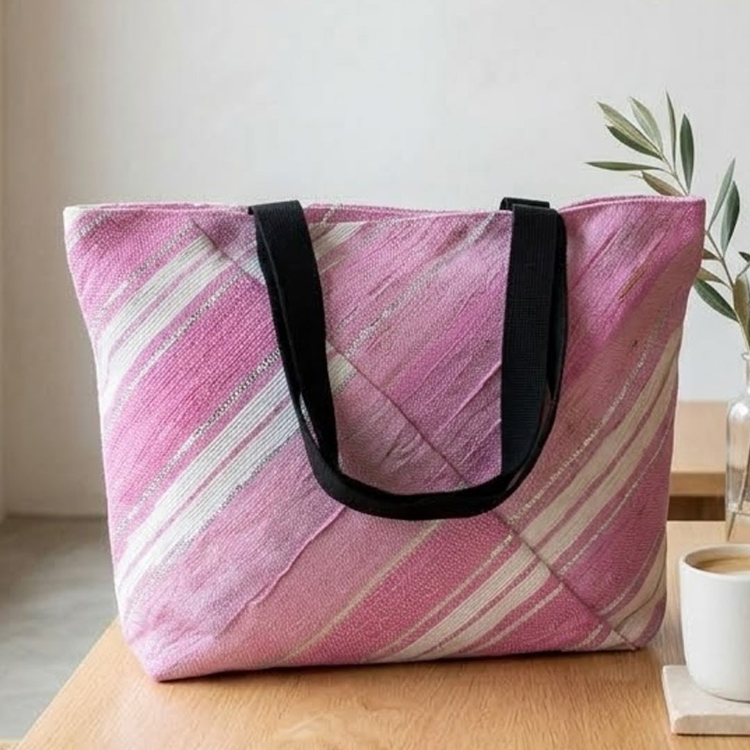 Pink and White UpcycledPlastic Handcrafted Designer Tote Bag
