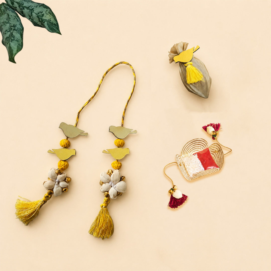 Handcrafted Bird Motif Shola Beaded Tassel Lumba Rakhi for Bhabhi - Yellow