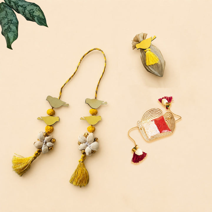 Handcrafted Bird Motif Shola Beaded Tassel Lumba Rakhi for Bhabhi - Yellow