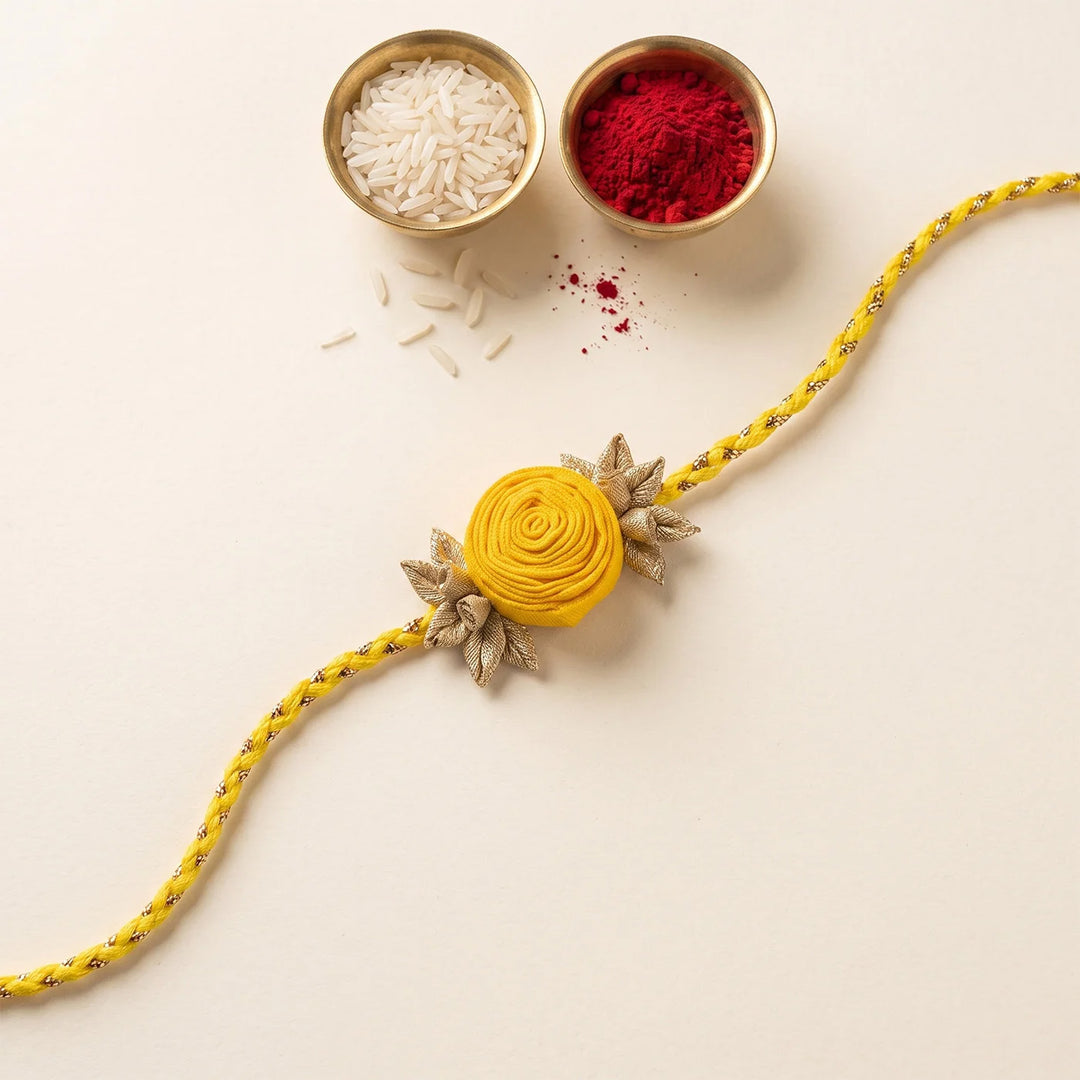 Handmade Rose Bloom Silk Fabric Rakhi For Brother With Roli Chawal