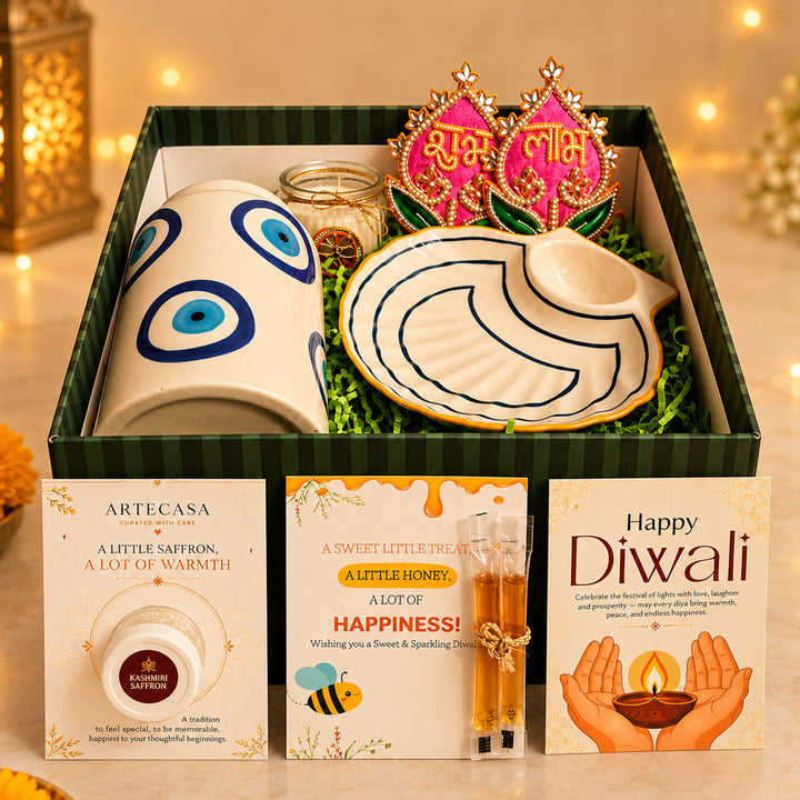 Emerald Nazar Luxe Evil Eye Diwali Gift Hamper With Seashell Platter And Matka Soy Wax Candle For Festive Gifting