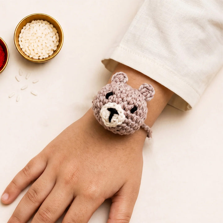 Handmade Crochet Teddy Bear Rakhi With Roli Chawal for Kids