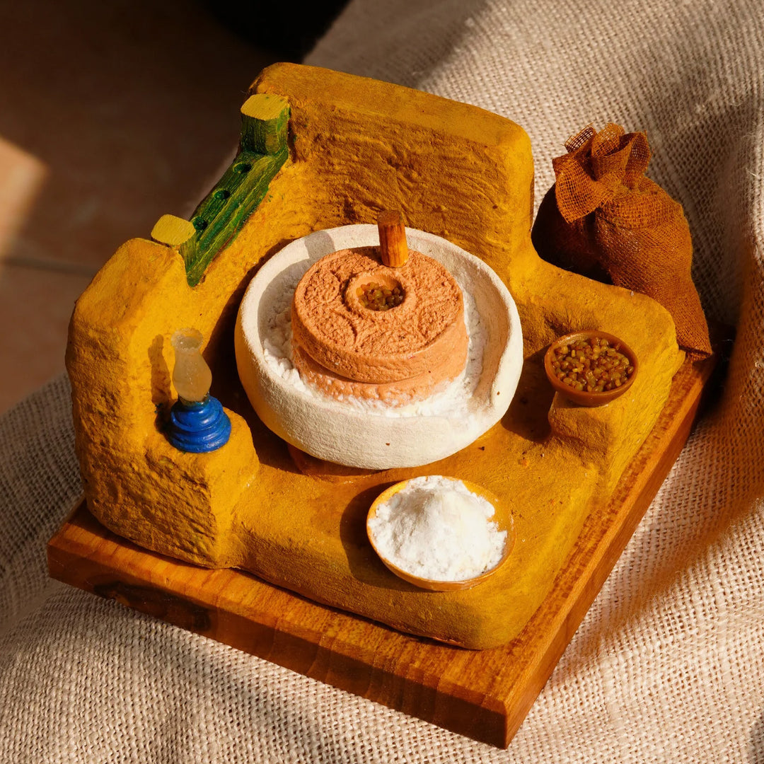"Aate Ki Chakki" Handcrafted Polymer Clay Miniature Artwork With Wooden Base For Golu & Table Decor
