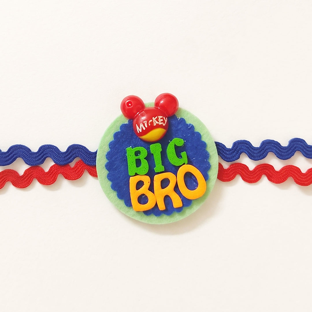 Handmade "Big Bro" Mickey Red Theme Felt Kids Rakhi With Roli Chawal For Brother