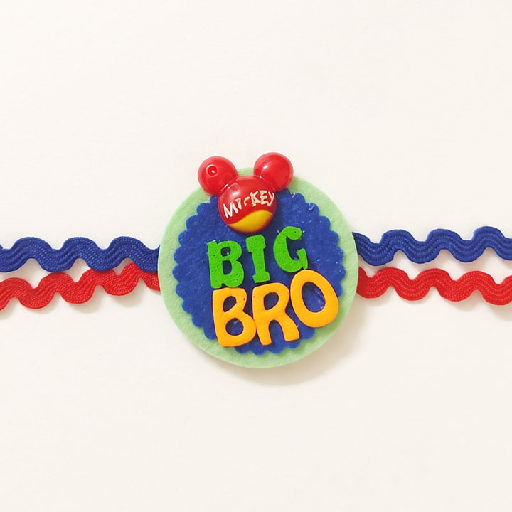 Handmade "Big Bro" Mickey Red Theme Felt Kids Rakhi With Roli Chawal For Brother