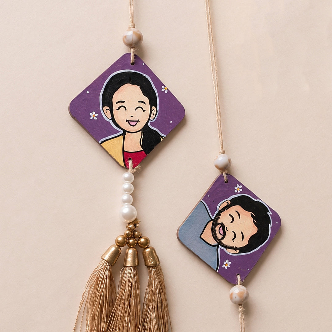 Photo Personalized Handpainted Reusable Caricature Mdf Wood Bhaiya Bhabhi Rakhi With Roli Chawal | Set Of 2