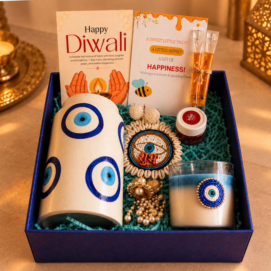 Azure Nazar Blue Evil Eye Diwali Gift Hamper With Soy Wax Scented Candle And Jar For Festive Gifting