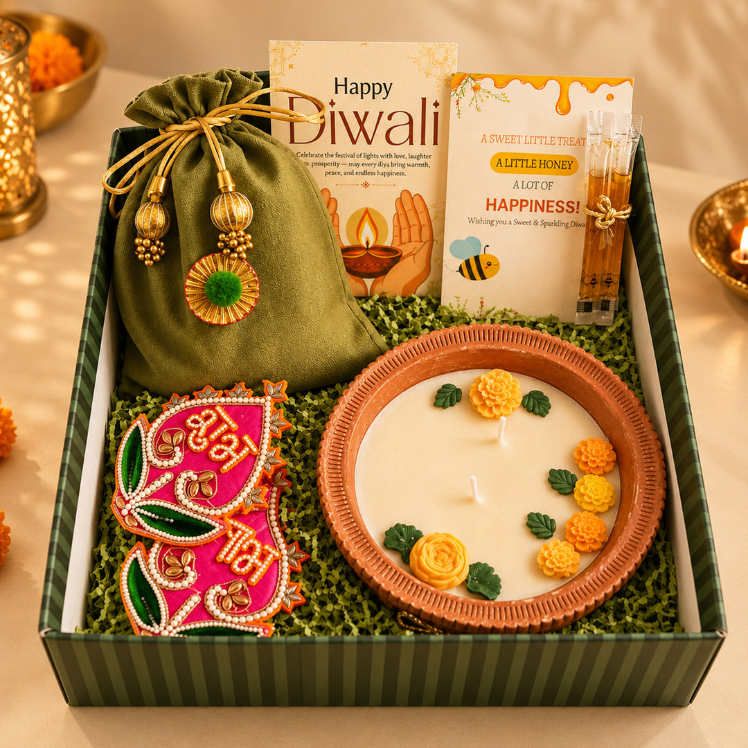 Harit Diwali Celebration Green Gift Hamper With Terracotta Candle And Shubh Labh Potli For Festive Gifting