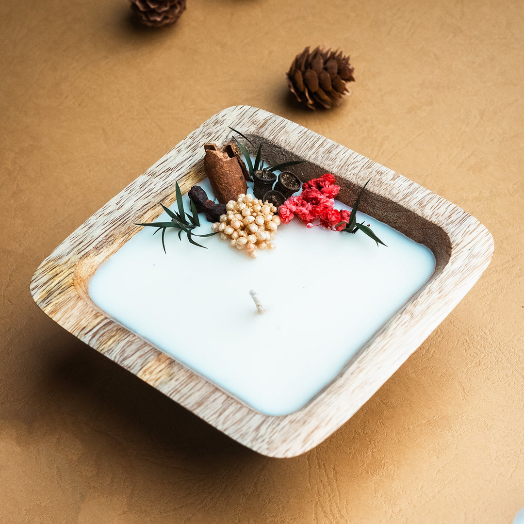 Handmade Floral Winter Spice Wax Candle With Wooden Base