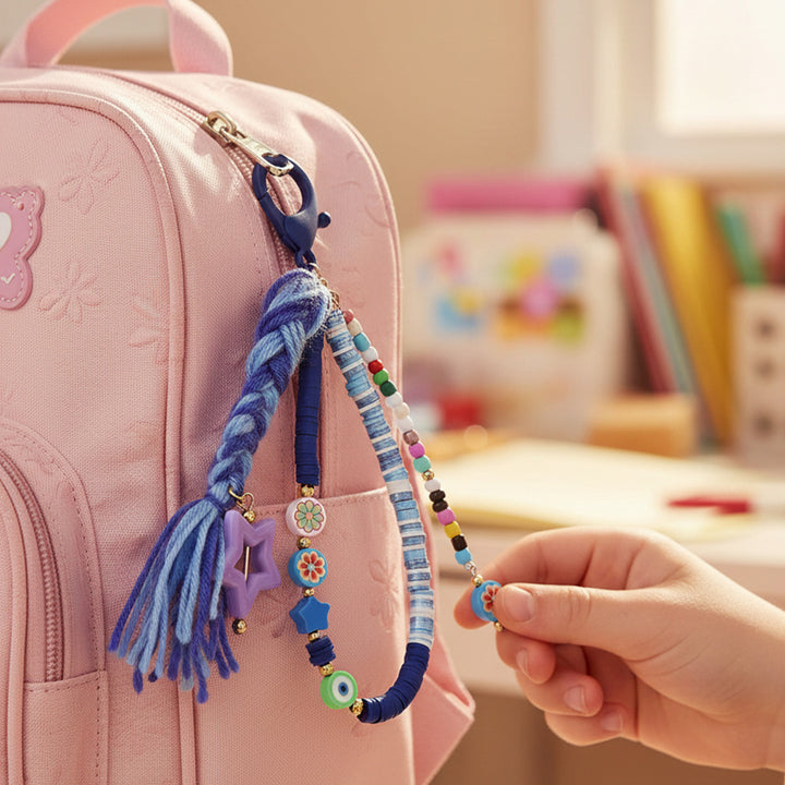 Blue Fimo Beads & Ribbon Bow Bag Charm For Kids