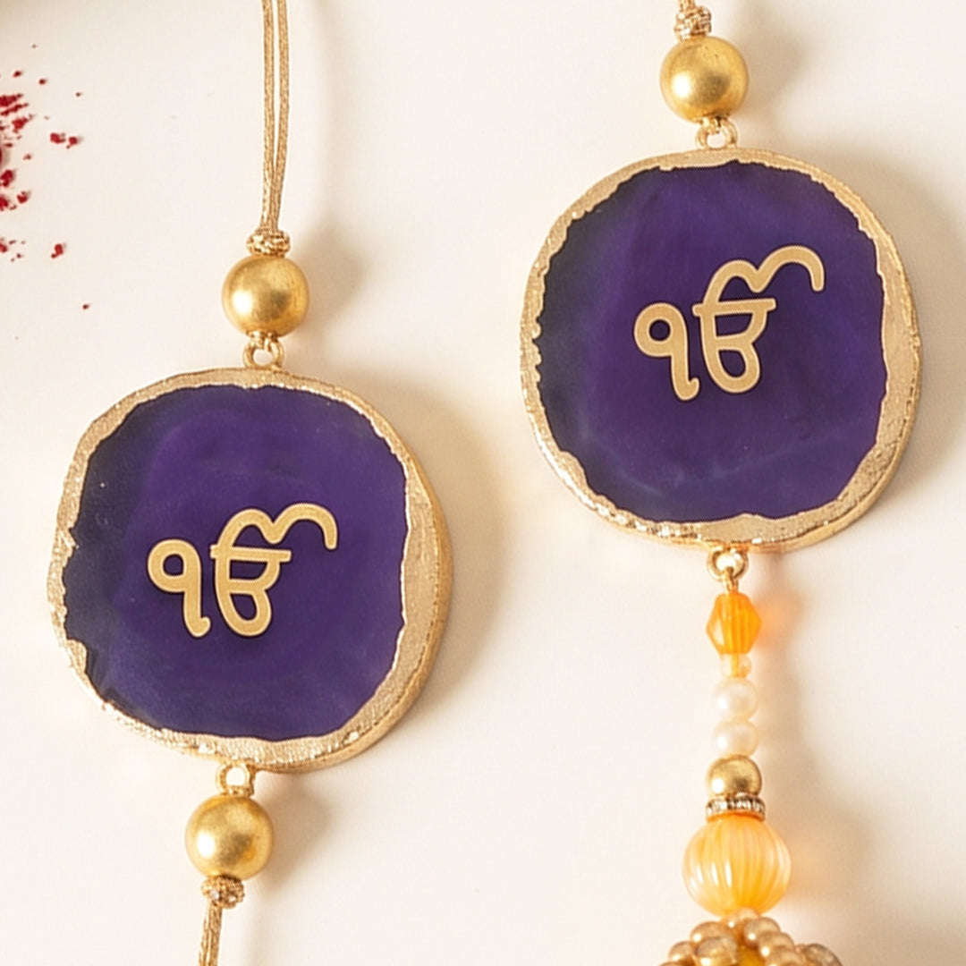 Handmade "Ik Onkar" Purple Premium Agate Bhaiya Bhabhi Couple Rakhi And Lumba Set With Roli Chawal, Nariyal And Gift Box | Set of 2